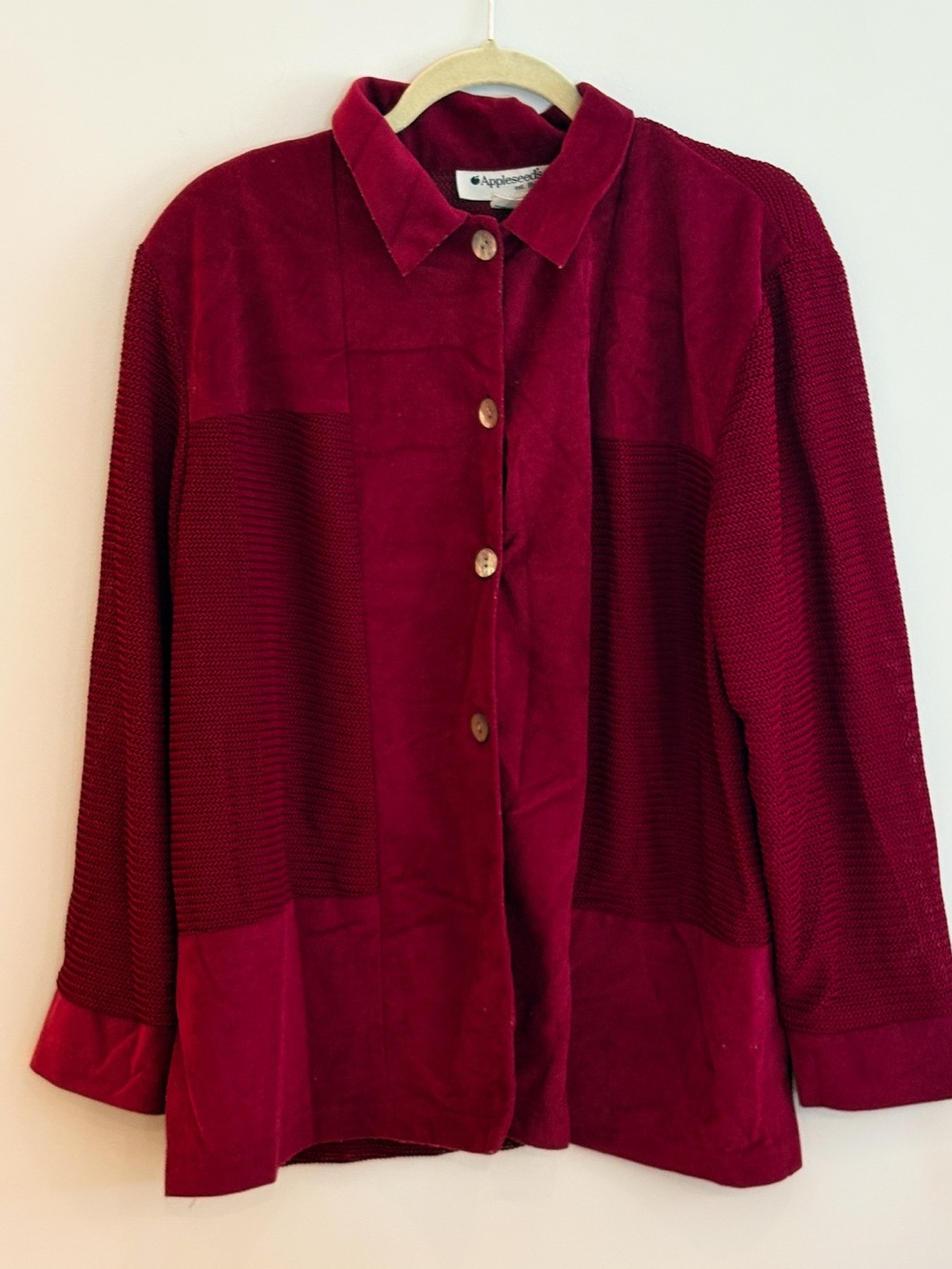 Appleseed’s 18W Textured Button Front Top Berry Wine Mixed Media Blouse